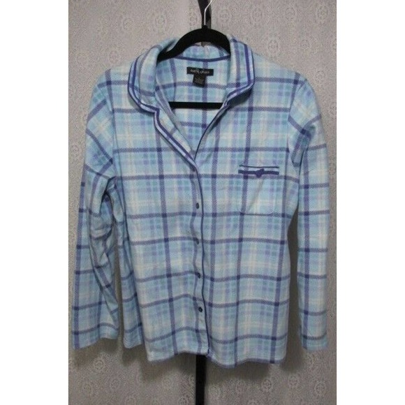 Blue Plaid Button Up Fleece Pajama Top, Size L - Picture 1 of 5